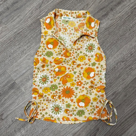 Kontroj Tops - Kontrol Floral Sleeveless Top Collared V-Neck Side Cinch Orange Green Retro 70's
